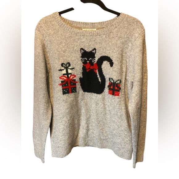 Cupcakes and Cashmere Gray Christmas Sweater with Cat and Presents Size Large - Picture 1 of 6